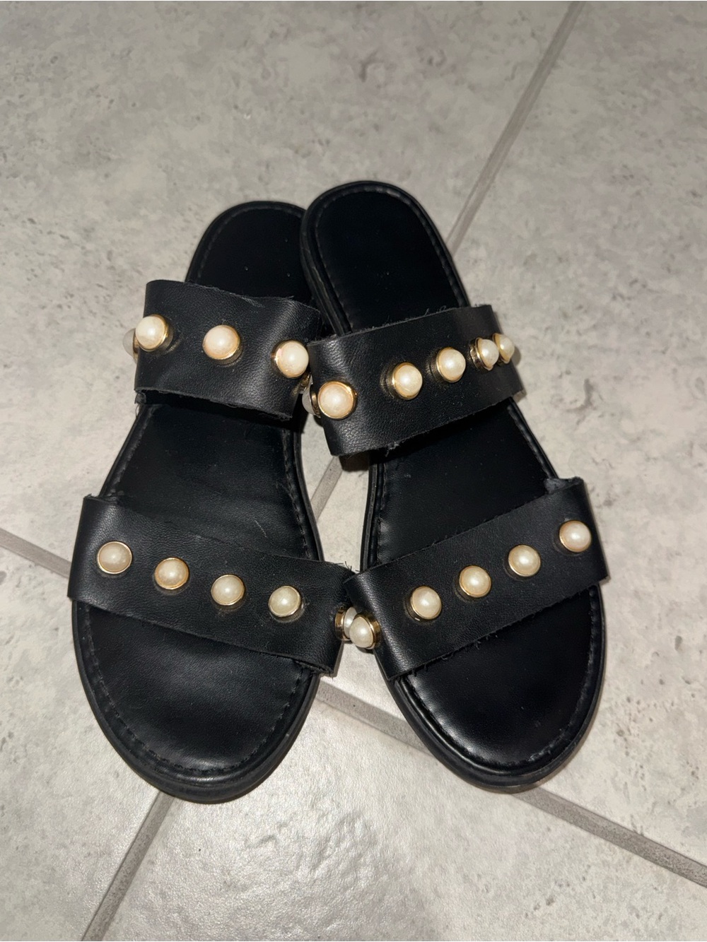 Merona Black Slide Sandals with Pearl Studs